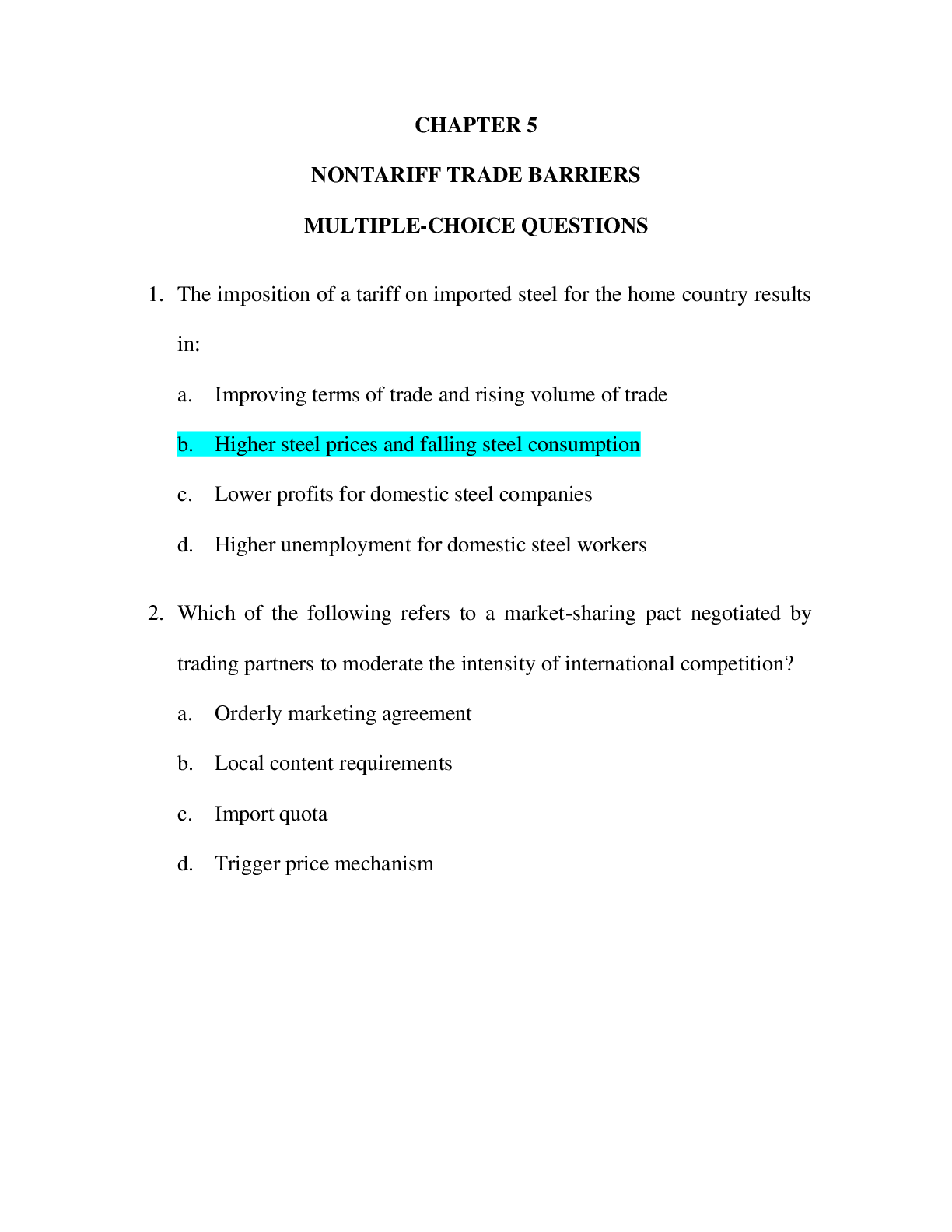 Preview of ECON 101 CHAPTER 5 NONTARIFF TRADE BARRIERS MULTIPLE CHOICE QUESTIONS